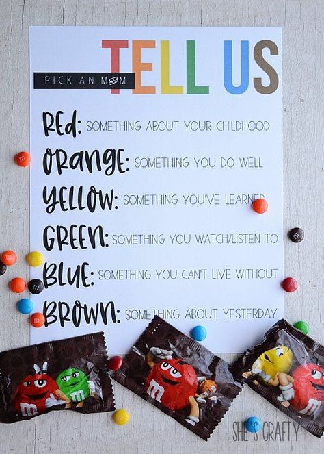 She's crafty: An Easy Way to Get to Know your Group- The M and M game Getting To Know You Counseling Activity, Get To Know You M&m Game, M And M Ice Breaker Game, Get To Know Me Printable, M&m Getting To Know You Game, M&m Icebreaker Game, M M Get To Know You Game Free Printable, M And M Get To Know You Game, Halloween Get To Know You Games