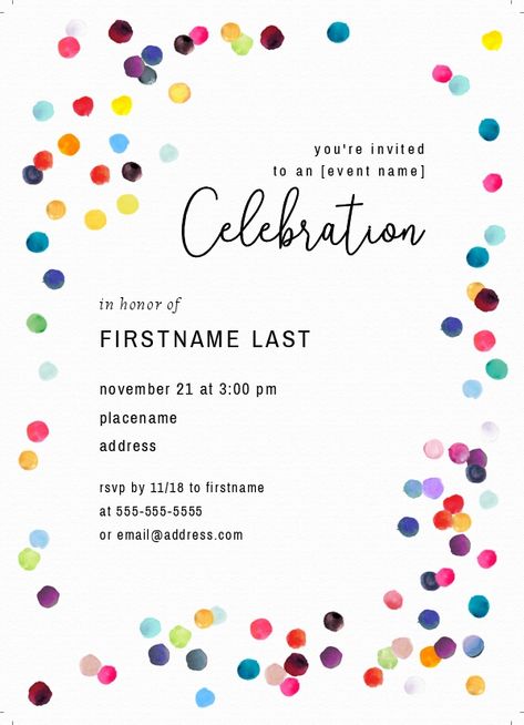 Party Invitation Illustration, You Are Invited To My Birthday Party, Confetti Themed Birthday Party, Birthdays Themes, Colorful Birthday Party Invitations, Cocktail Book Design, Birthday Invitation Card Template, Bithday Party, First Birthday Posters