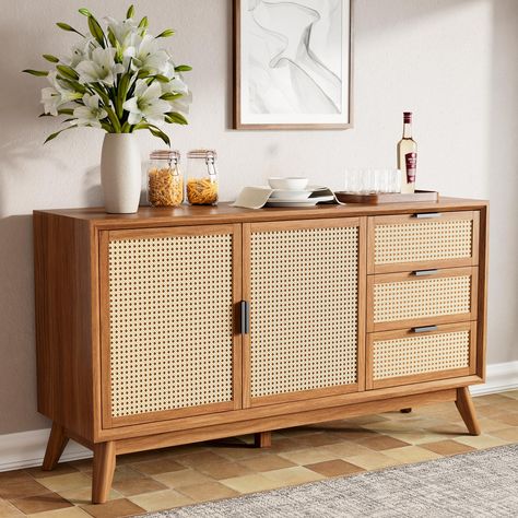 PRICES MAY VARY. 👉 TIMELESS ELEGANCE FOR MODERN HOME: Our buffet cabinet harmoniously combines the sleek lines of a modern touch with the beautiful design of mid-century style; Crafted from solid wood and stunning rattan, it exudes a timeless charm to your home 👉 SPACIOUS STORAGE, ENDURING QUALITY: Our sideboard boasts exceptional durability with five layers of coating and up to 286 lbs of capacity; The combination from premium MDF, synthetic rattan, and solid acacia wood, our buffet ensures a Modern Decor Accessories, Dining Room Essentials, Console Table Living Room, Rattan Sideboard, Dining Room Sideboard, Buffet Sideboard, Mid Century Modern Decor, 2 Doors, Style Moderne