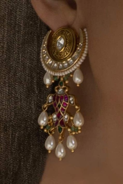 22kt gold plated ornate crescent dangler earrings adorned with hydro polkis, hydro rubies and gleaming shell pearl embellishments. - Aza Fashions Pearl Jewellery Gold, Kundan Polki Earrings, Contemporary Gold Jewellery, Diamond Polki Earrings, Big Earrings Gold, Pearl Ring Design, Gold Jewelry Prom, Antique Gold Earrings, Neck Pieces Jewelry