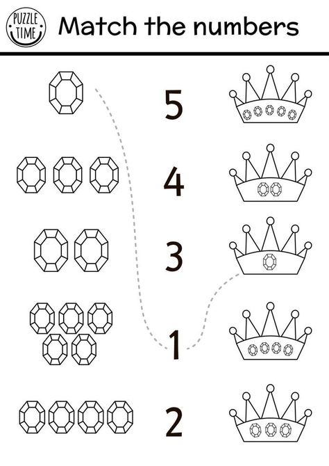 Match the numbers game with crown, gem stones. Black and white fairytale math activity for preschool children. Magic kingdom educational printable counting worksheet or coloring page Fairytale Math Preschool, Kings And Queens Preschool Activities, England Activities, Math Activity For Preschool, Disney Lessons, Fairy Tales Preschool, Princess Activities, Preschool Theme Activities, Counting Worksheet