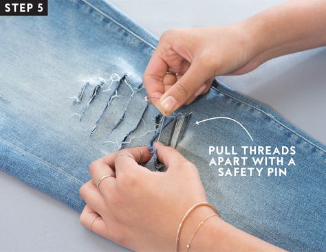 How to Distress Your Jeans in 7 Easy Steps | InStyle How To Rip Your Jeans, How To Make Ripped Jeans, How To Destress, Diy Distressed Jeans, Holey Jeans, Jean Diy, Diy Ripped Jeans, Stitch Jeans, Distress Denim