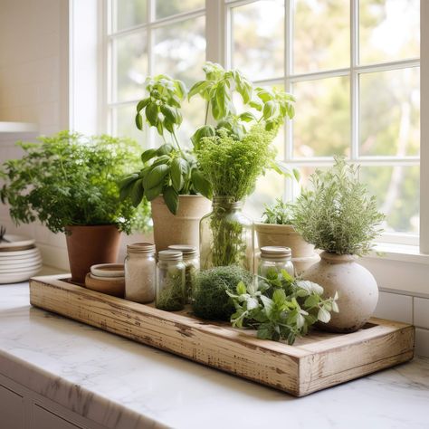 How to Accessorize a Kitchen Counter - Plank and Pillow Kitchen Herb Garden Indoor, How To Decorate Kitchen Counters, Kitchen Plants Decor, Kitchen Counter Styling, Kitchen Decorating Themes, Kitchen Counter Island, Window Herb Garden, Kitchen Countertop Decor, Plant Kitchen