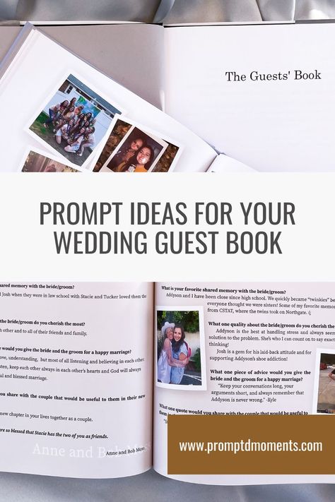 examples of wedding guest book with prompts Wedding Guest Prompt Cards, Guest Book Prompts Wedding, Wedding Guest Book Writing Prompts, Wedding Guest Book Prompts, Wedding Writing Prompts, Guest Book Prompts, Love Prompts, Letters To The Bride, Prompt Ideas