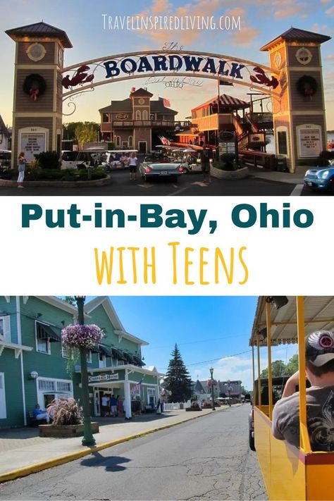 The top image shows the boardwalk at Put in Bay Ohio and the bottom image shows a trolley. Ohio Vacation Ideas, Ohio Getaways, Lake Erie Ohio, Cuyahoga National Park, Put In Bay Ohio, Ohio Vacations, Kid Friendly Resorts, Put In Bay, Camping Vacation
