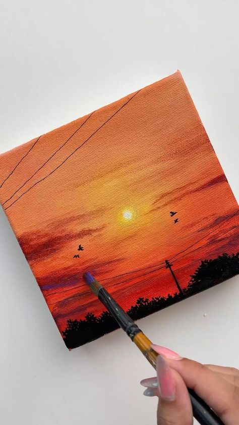 Canvas Paintings Idea, Aesthetic Painting Sunset, Mini Square Canvas Paintings Easy, Simple Canvas Paintings Sunset, Mini Canvas Sunset Paintings, Acrylic Painting Canvas Sunset, Mini Canvas Paintings Sunset, 10x10 Painting Ideas, Easy Painting Ideas On Canvas Aesthetic Sunset