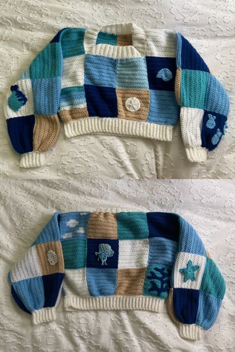 Crochet Fish Sweater, Crochet Patchwork Jumper, Ocean Crochet Ideas, Ocean Themed Clothes, Ocean Theme Crochet, Ocean Aesthetic Clothes, Ocean Themed Crochet, Ocean Inspired Outfits, Ocean Themed Outfits