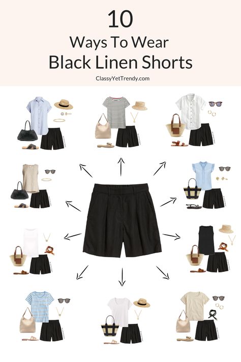 Classic Style Casual Outfits, All Year Wardrobe Capsule, Linen Shorts Outfit Spring, Accessorize Casual Outfits, 30 Clothing Style, 10 Clothes 30 Outfits, Black Coordinate Outfits, Capsule Wardrobe Shorts, Classy Chic Spring Outfits