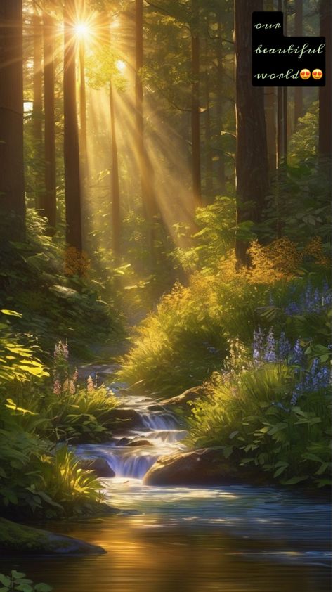 Sunlight Landscape Photography, Forest Sunlight Painting, Scenic Wallpaper Nature, Forest Scenery Painting, Nature Pictures Landscape, Light Through Trees, Pictures Landscape, Flower Aesthetics, Calming Pictures