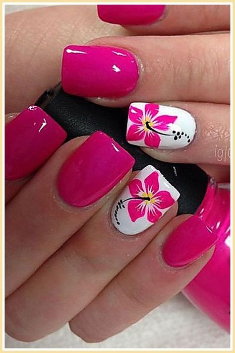 45 Sizzling Hot Pink Nails That Are Straight-Up Fire! - The Catalog Hawaiian Nails, Hawaian Party, Diy Bts, Cruise Nails, Beach Nail Designs, Gel Nail Polish Colors, Best Gel Nail Polish, Tropical Nails, Hot Pink Nails