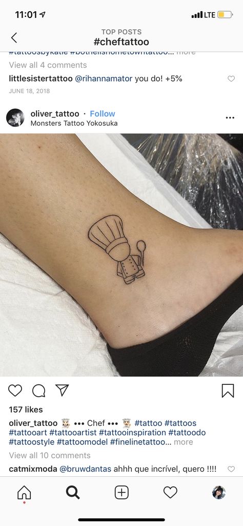 Chef tattoo Chef Tattoo For Women, Matching Chef Tattoos, Macaroni And Cheese Tattoo, Chef Tattoo Ideas For Women, Chefs Hat Tattoo, Food Inspired Tattoos, Small Baking Tattoo Ideas, Food Sleeve Tattoo, Culinary Tattoos Chef