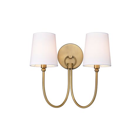 A sophisticated aged brass wall sconce that strikes the perfect balance between traditional and modern motifs. This two light wall sconce combines a classic circular shape with crisp white shades for a luxurious yet simple statement. Fixture Design, Light Bulb Candle, Candle Wall, Metal Fabric, Traditional Rustic, Large Chandeliers, Candle Light, Wall Candles, Designer Candles