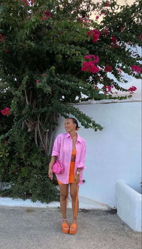 Pink Orange Dress Outfit, Color Block Outfits Summer, Bright Color Summer Outfits, Pink And Orange Outfits, Block Colour Outfit, Bright Color Outfits Summer, Bright Colour Outfit, Colour Blocking Outfit, Korean Spring Fashion