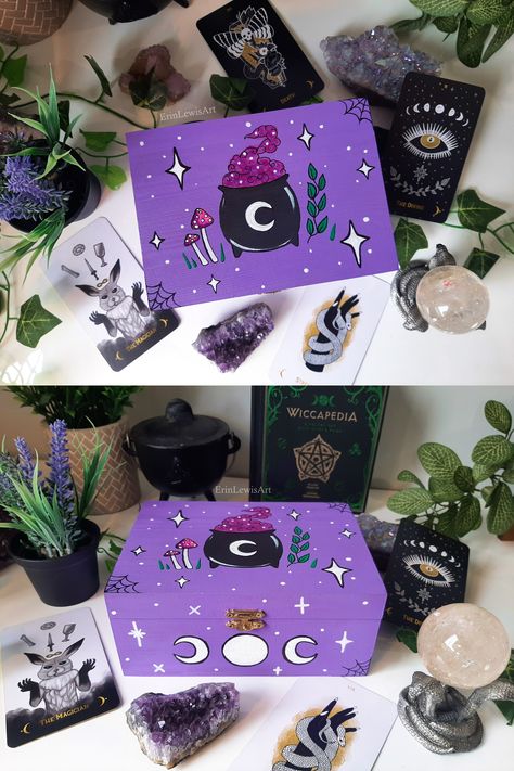 Hand Painted Tarot Trinket Box | Witchy Home Decor | Oddities and Curiosities | Spooky Cute | Handmade Gift | Cauldron | Bats | Crystals | Triple Moon | Pastel Goth | CottageGoth | Fairycore | Fairy Vibes | Gothic Aesthetic Witchy Jewelry Box, Gothic Craft Ideas, Wooden Jewelry Boxes Diy Paint, Trinket Box Painting Ideas, Painted Wooden Boxes Diy, Painted Box Ideas Aesthetic, Trinket Box Ideas, Wooden Box Painting Ideas, Gothic Painting Ideas