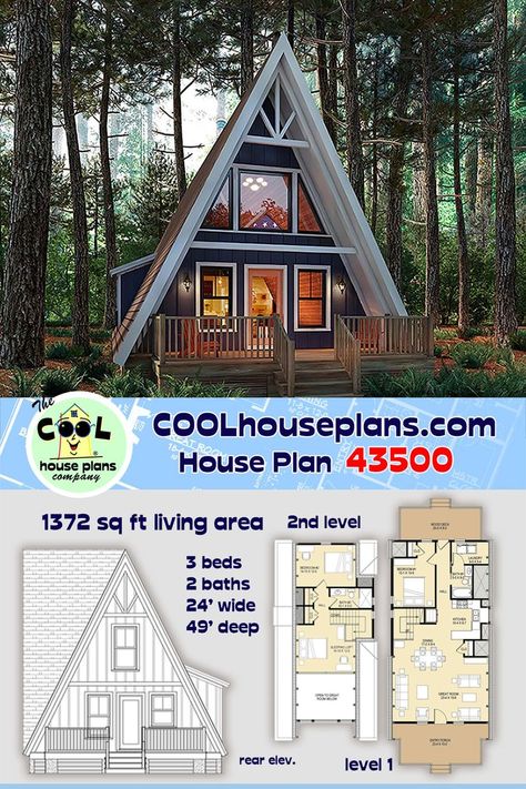 Brand new and amazing, A-Frame Style house plan with a narrow floor plan. Start with a beautiful window wall rising up from a deep entry porch. Enter into the great room/Dining/Kitchen. Bedroom 1, laundry room and utility room finish the first floor. Upstairs bath 2, bed 2 and a sleeping loft with a view. Out back a 20x8 deck. Several finished photos at the link provided. #aframe #mountainhouseplan #Contemporary #vacationhouseplan A Frame Floor Plans, A Frame Cabin Plans, House Plan With Loft, Narrow Lot House, House Plans Ideas, A Frame Cabins, A Frame House Plans, Cabin House Plans, Frame House