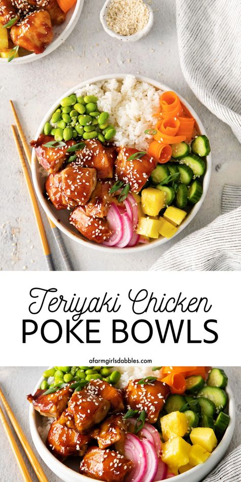 These Teriyaki Chicken Poke Bowls feature sushi rice, teriyaki chicken, pineapple, and your choice of fresh toppings for an easy, healthy lunch or dinner that's loaded with fresh flavor. The ability to customize the toppings makes these a hit with the whole family! Alfredo Casserole, Chicken Alfredo Casserole, Poke Bowl Recipe, Healthy Bowls Recipes, Poke Bowls, Rice Bowls Recipes, Healthy Bowls, Healthy Dinner Recipes Chicken, Läcker Mat