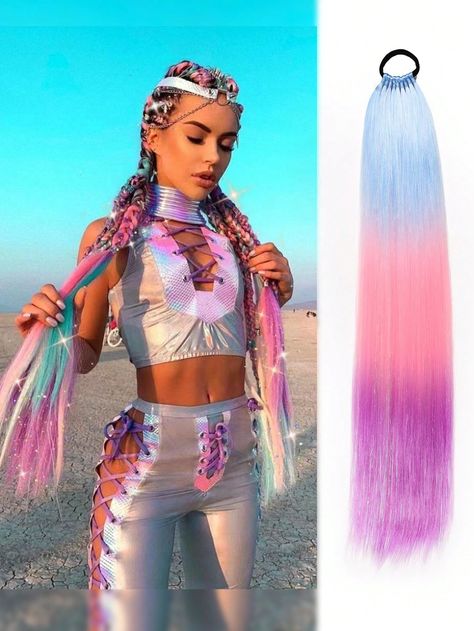 Ombre  Collar  High Temperature Fiber  Ponytail Embellished   Wigs & Accs How To Braid In Colored Extensions, Hair Extensions For Braids, Festival Hair Extensions, Festival Hair Braids, Rainbow Festival, Pony Tail Hair, Pink Purple Ombre, Colored Hair Extensions, Rose Violette