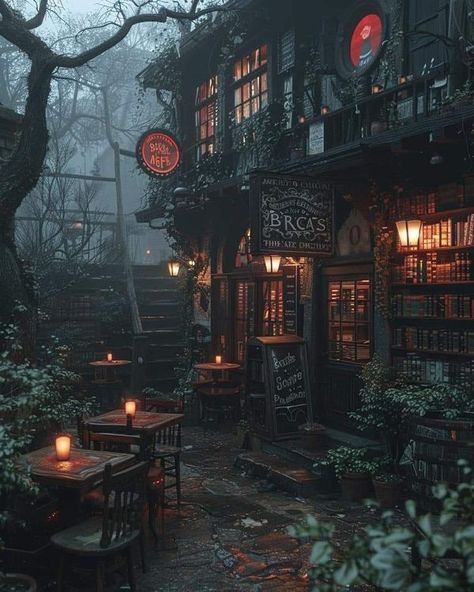 Dark Academia Aesthetic | That would be my favorite place to write a novel..🖤 | Facebook Nature, Coffee Shop Rainy Day, Rainy Coffee Shop, Dark Cottagecore House, Coffee Rain, Dark Academia Home, Dark Cottagecore Aesthetic, Witchy Academia, Mountain Dream Homes