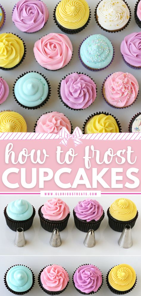 {Cupcake Basics} How to Frost Cupcakes Cupcakes With Frosting, Easy Cupcakes Decoration, Frost Cupcakes, Cupcake Piping, Piping Frosting, Cupcake Decorating Tips, Fruity Treats, Icing Design, Cake Decorating For Beginners