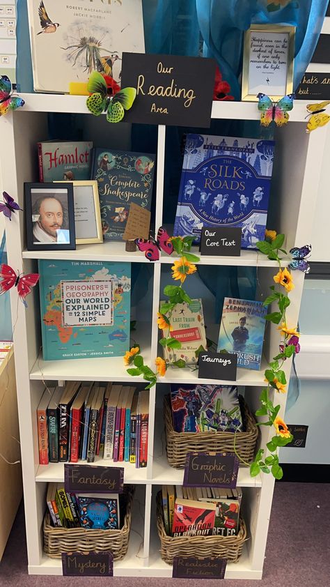 Our Reading Journey Display, Reading Book Corner Classroom, Cosy Book Corner Classroom, Reading Corner Primary School, Year 2 Book Corner, Reading Area Classroom Ks2, Year 6 Book Corner Ideas, Calm Reading Corner Classroom, Primary School Book Corner
