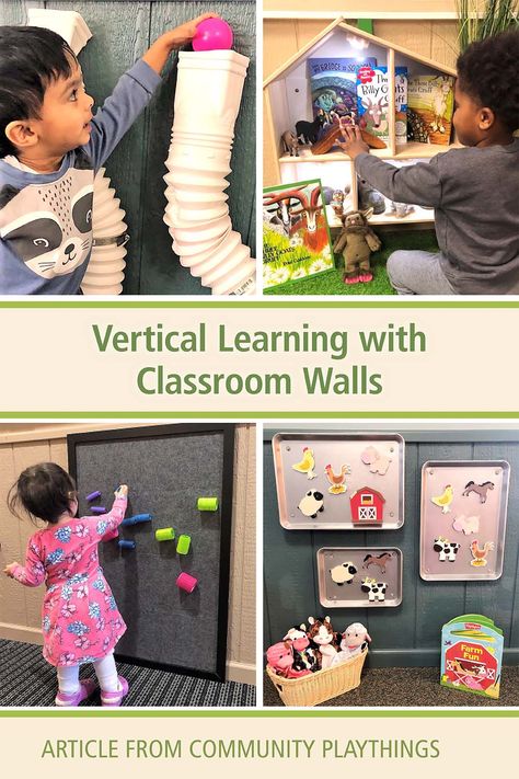 “Rather than thinking about classroom walls solely as a place to post “stuff”, start viewing walls as places for children to actively interact and engage. Begin using the classroom walls as a powerful learning tool and capture their power by creating vertical learning environments that offer children places to play, collaborate, manipulate, and learn.” This article by Sandra Duncan outlines creative ways to make the most of the wall space in your classroom. Wall Ideas For Preschool Classroom, Montessori, Daycare Interactive Wall, Nursery Sensory Wall, Sensory Wall Activities, Vertical Learning Wall, Daycare Play Centers, Sensory Wall Preschool, Daycare Sensory Wall