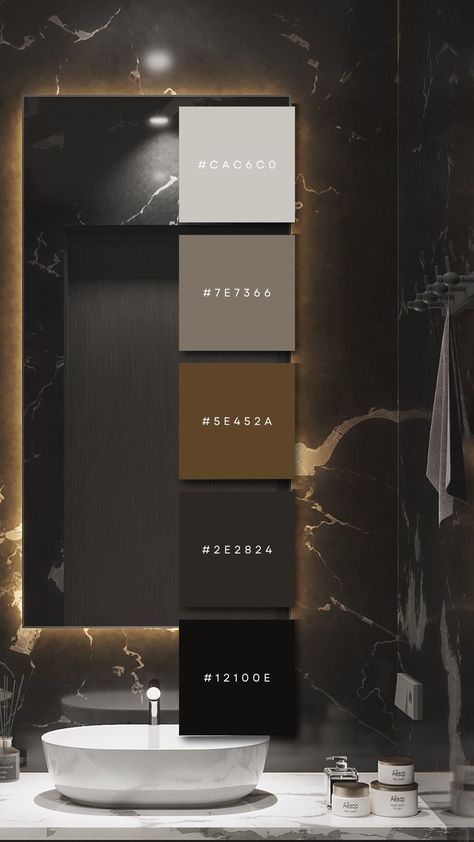 Bathroom Color Palette, Color Palette Interior Design, Dark Bathroom, Flat Color Palette, Dark Modern, Dark Bathrooms, Color Design Inspiration, Dark Color Palette, Black Color Palette