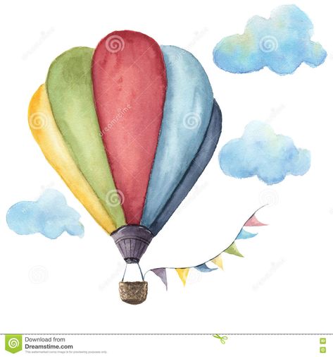 Illustration about Watercolor hot air balloon set. Hand drawn vintage air balloons with flags garlands and retro design. Illustrations isolated on white background. Illustration of summer, illustration, flight - 79812456 Watercolor Hot Air Balloon, Backgrounds Disney, Background Pc, Pc Backgrounds, Plain Backgrounds, Background Plain, Hot Air Balloons Art, Background 4k, Balloon Illustration