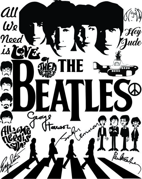 The Beatles Art Work Collage Black and white The Beatles Aesthetic Vintage Poster, The Beatles Coloring Pages, The Beatles Black And White, Beatles Doodle, Beatles Black And White, The Beatles Art, Collage Black And White, Vintage Band Posters, Poster Rock