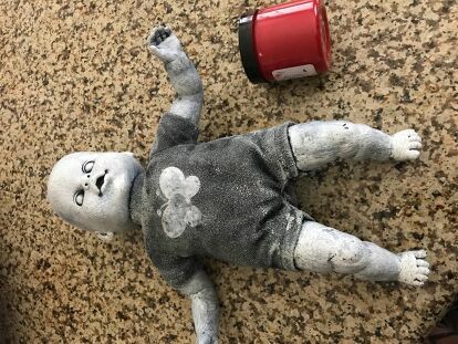 How To Make A Zombie Baby | Hometalk How To Make A Scary Doll, How To Make A Doll Scary For Halloween, Zombie Dolls Diy Halloween Decorations, How To Paint Dolls For Halloween, Painting Dolls For Halloween, Goth Dolls Diy, Diy Creepy Dolls Tutorials, Painting Creepy Dolls, How To Make A Creepy Doll