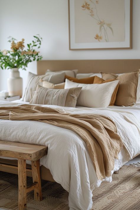 70+ Cozy Earthy Bedroom Ideas With Natural Elegance Natural Bedding Colors, Tan Walls Bedroom, Earthy Bedroom Decor, Cozy Earthy Bedroom, Earthy Bedroom Ideas, Cosy Bedrooms, Reclaimed Wood Bed Frame, Earth Tone Bedroom, Neutral Coastal Decor