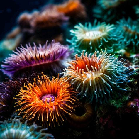 Natural Forms Sea Life, Sea Anemone Painting, Natural Forms Ocean, Underwater Monsters Deep Sea Creatures, Sea Anemone Aesthetic, Coral Reef Close Up, Under The Sea Flowers, Deep Sea Plants, Coral Reef Photography Ocean Life