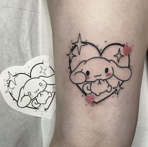 Alt Goth Tattoos, Anime Goth Tattoo, Cute Kuromi Tattoo, Kawaii Patchwork Tattoo, Kawaii Half Sleeve Tattoo, Sanrio Tattoos Kuromi, Small Pretty Tattoo Ideas, Sanrio Tattoo Design, Sanrio Characters Tattoo