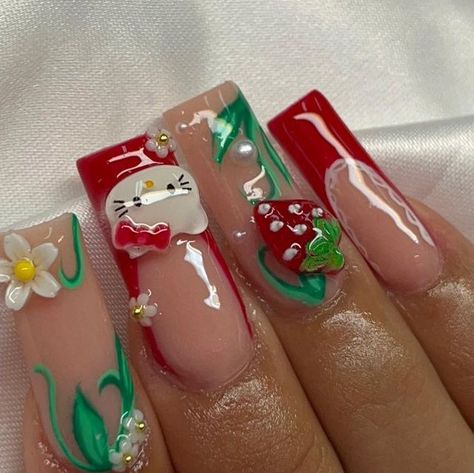 Kawaii, Hello Kitty Strawberry Nails, Hello Kitty Fall Nails, Strawberry Hello Kitty Nails, Spooky Hello Kitty Nails, Halloween Hello Kitty Nails, Hello Kitty Halloween Nails, Nail Designs Hello Kitty, Hello Kitty Nail Set