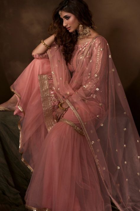 Pink Indian Dress, Pink Indian Suit, Sharara Suit Designs Latest, Duppata Style, Pink Sharara Suit, Suit Stitching, Punjabi Salwar Kameez, Designer Sharara Suits, Designer Sharara