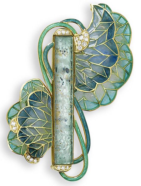 A plique-à-jour enamel and glass brooch, designed by Ivor Gordon. The central rectangular foiled eau-de-nil glass plaque, circa 1910, by Lalique, encased in a contemporary mount with diamond terminals, issuing pale blue/green plique-à-jour enamel blooms to either side, with brilliant-cut diamond highlights and entwined guilloche enamel stems, the central rectangular plaque signed Lalique, length 7.3cm. Lalique Jewelry, Bijoux Art Deco, Grandmother Jewelry, Bijoux Art Nouveau, Guilloche Enamel, Gelang Manik, Wallpaper Vintage, Art Nouveau Jewelry, Popular Jewelry