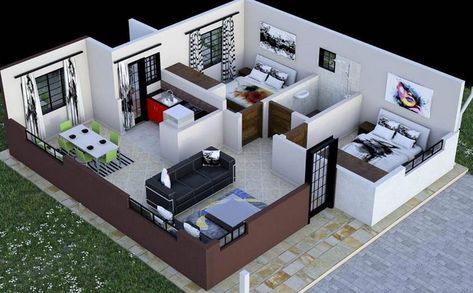 Floor plan with dimensions Two Bedroom House Design, 2 Bedroom House Design, 2 Bedroom Floor Plans, Small Modern House Plans, Pelan Rumah, Three Bedroom House Plan, Two Bedroom House, 2 Bedroom House Plans, Small House Floor Plans