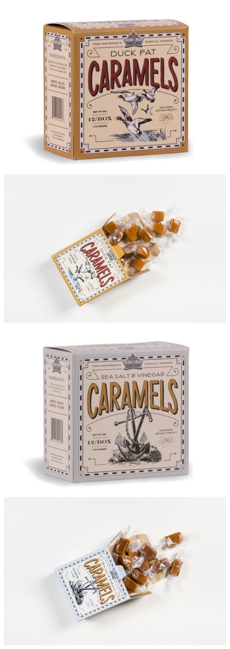 Vintage Chocolate Packaging Design, Vintage Bakery Packaging, Vintage Snack Packaging, Caramel Packaging Design, Vintage Chocolate Packaging, Vintage Inspired Packaging, Packaging Design Candy, Vintage Product Packaging, Modern Vintage Packaging