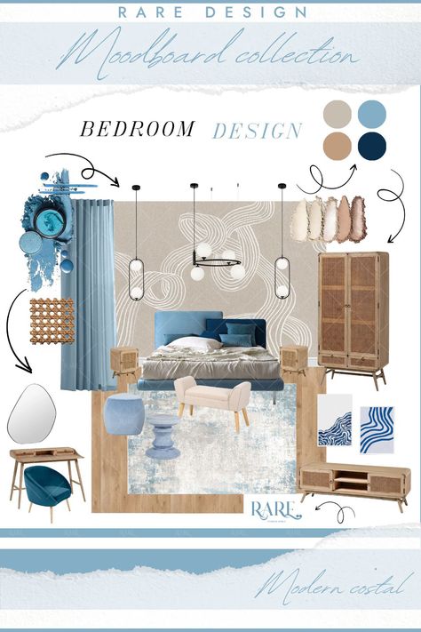 Bedroom Wallpaper Blue, Japandi Interiors Moodboard, Costal Interior Design, Mediterranean Style Interior, Mood Board Bedroom, Blue Moodboard, Coastal Style Bedroom, Bedroom Moodboard, Mediterranean Interior Design
