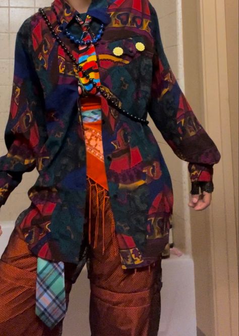 Maximalist Character Design, Male Maximalist Outfits, Maximalism Fashion Men, Clown Inspired Fashion, Masc Clowncore Outfits, Masculine Maximalist Fashion, Whimsical Male Outfit, Grunge Clown Outfit, Clowncore Grunge
