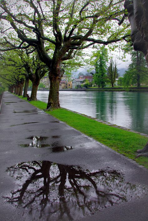 Rainy days (Interlaken, Switzerland) | by armxesde Rainy Day Photography, Interlaken Switzerland, Rainy Day Aesthetic, Fotografi Urban, Rain Wallpapers, Rain Days, Reflection Photography, Interlaken, Foto Art