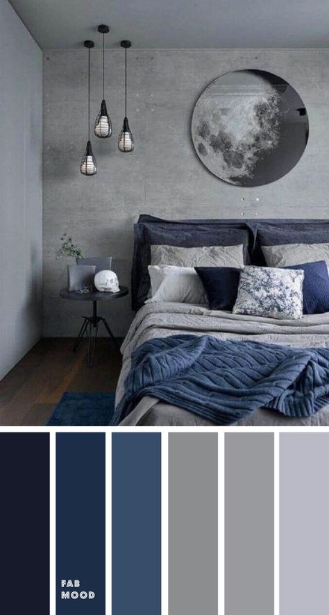 Blue and grey are ideal if you want to create a calm, harmonious bedroom colour scheme     #colour #colourpalette #bedroom #blue #grey #colourscheme #interiors #decor Bedroom Color Schemes Grey, Grey Bedroom Colors, Blue Bedroom Colors, Dark Blue Bedrooms, Black Room Decor, Hiasan Bilik Tidur, Bedroom Color Combination, Bedroom Grey, Bedroom Colour Palette