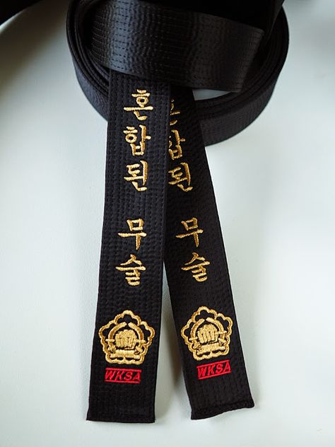 WSKA satin black belts. Thunder Mixed Martial Arts in Korean gungsu. Embroidery thread color is Metallic Gold and Red. #Kataaro #MMA #BlackBelt Belts Aesthetic, Martial Arts Belt, Arts Aesthetic, Black Belt Martial Arts, Korean Martial Arts, Martial Art Uniform, Martial Arts Belts, Tang Soo Do, James 3