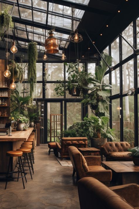 Image of an interior of a greenhouse lounge/bar, filled with plants. Nature Lounge Design, Greenhouse Lounge Ideas, Greenhouse Restaurant Interior Design, Green House Coffee Shops, Restaurant Nature Design, Green House Cafe Coffee Shop, Industrial Botanical Interior, Greenhouse Lounge Spaces, Industrial Organic Decor