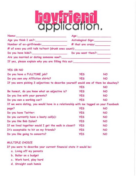 Pin by Trey Scarpa on Funny S*%T | Boyfriend application, Friend application, Best friend application Boyfriend Application Funny, Boyfriend Standards List, Boyfriend Contract, Boyfriend Application Form, Bf Application Form, Best Friend Application, Boyfriend Application, Friend Application, Funny Lists