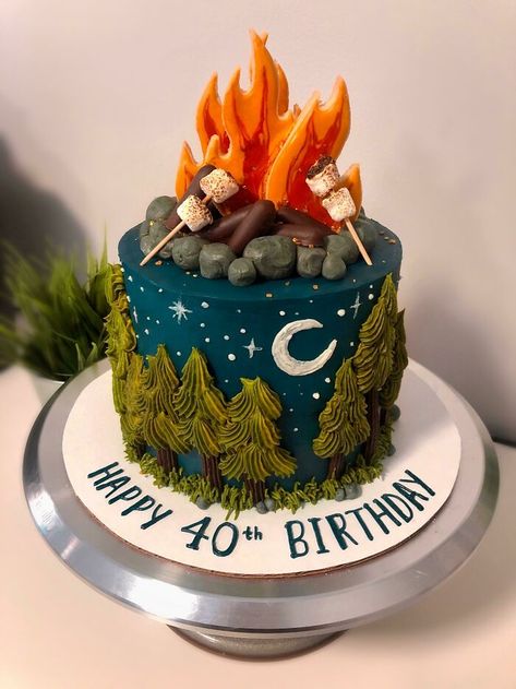 Long Cake Designs, Bonfire Birthday Cake, Nature Cakes, Camping Theme Cakes, Bonfire Cake, Camping Birthday Cake, Camping Cakes, The Click, Cute Birthday Cakes