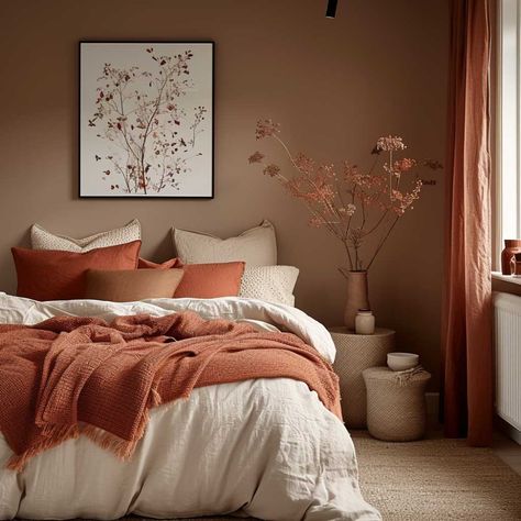 70+ Bedroom Colour Combinations to Create Your Personal Relaxation Oasis ��• 333+ Art Images Earth Tones For Bedroom, Apricot Room Decor, Orange And Gray Bedroom Ideas, Pale Orange Bedroom, Clay Color Palette Bedroom, Beige Pink Bedroom Ideas, Bedroom Wall Color Inspirations, Brown And Yellow Bedroom Ideas, Cozy Terracotta Bedroom