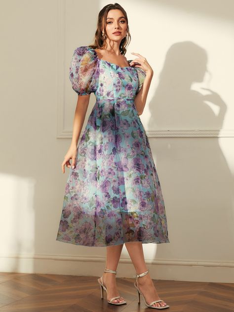 Multicolor Elegant Collar Half Sleeve Organza Floral,All Over Print A Line Embellished Non-Stretch  Women Dresses Frock Designs For Women, Organza Frocks, Daytime Glam, Frock Models, Organza Dresses, Short Frocks, Long Frock Designs, Simple Frock Design, Simple Frocks