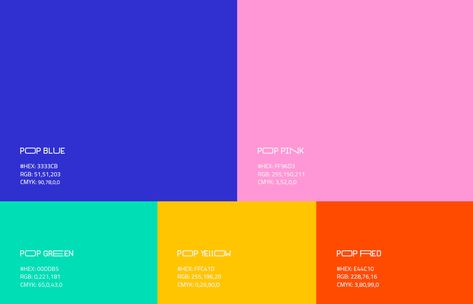Pop Habitat — Identity on Behance Cmyk Red Color Palette, Pop Color Palette Colour Schemes, Cobalt Blue Palette Color Pallets, Pop Up Color Palette, Color Pairing Design, Fun Colour Pallete, Pop Color Pallete, Concert Color Palette, Neon Color Branding
