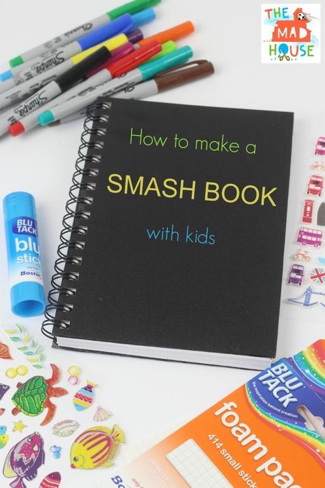 How to make a smash book with kids - a step by step guide. A smash book has no rules, it celebrates messy and is an ace way to get children journalling over the summer How To Make A Scrapbook, Scrapbook For Kids, Smash Book Inspiration, London Travel Guide, Book Tutorial, Games Outdoor, Book Scrapbook, Drama Games, Diy Summer Crafts