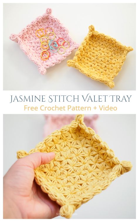 Jasmine Star Stitch Valet Tray Free Crochet Pattern Video Amigurumi Patterns, Jasmine Stitch Crochet Free Pattern, Crochet Tray Pattern Free, Crochet Tray Pattern, Crochet Star Bag Pattern Free, Crochet Tray Free Pattern, Jasmine Crochet Stitch, Crochet On Fabric, Crochet Jasmine Stitch